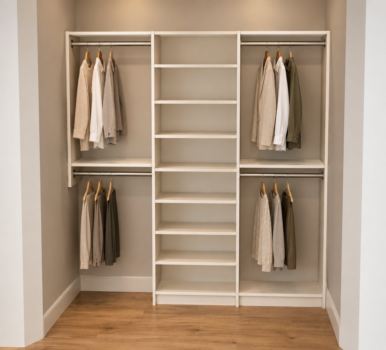 White laminate reach-in closet with hanging and shelving
